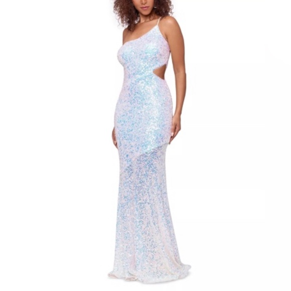 BETSY & ADAM Sequinned One-Shoulder Cutout Gown Prom Wedding Mermaid Dress 8 - Picture 1 of 6